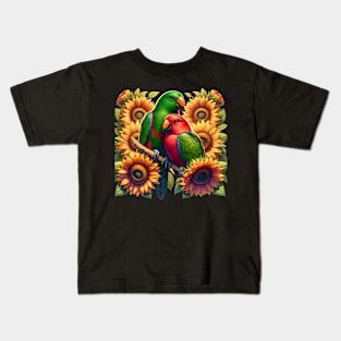 Eclectus Parrots Couple Male and Female with Sunflowers Kids T-Shirt